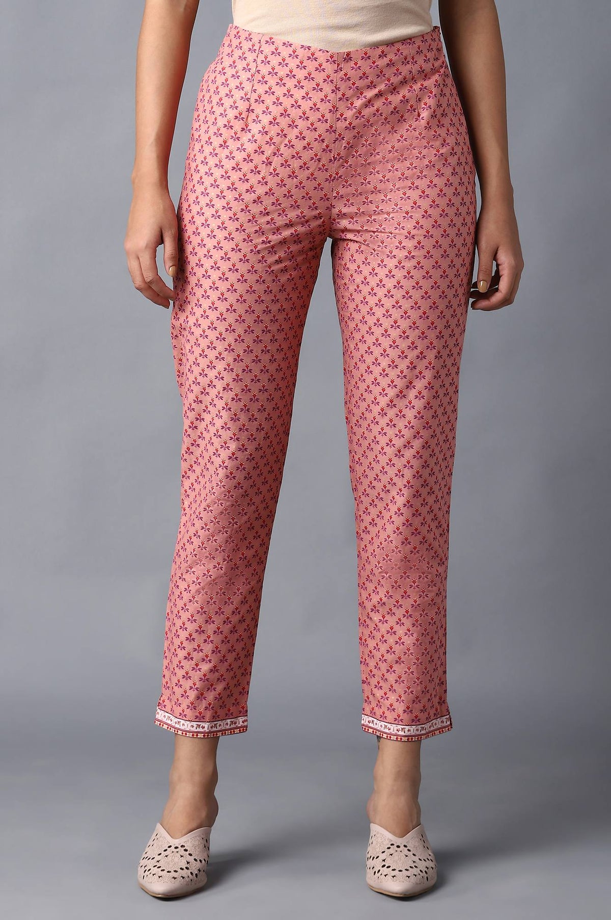Peach Floral Printed Cotton Slim Pants - XL