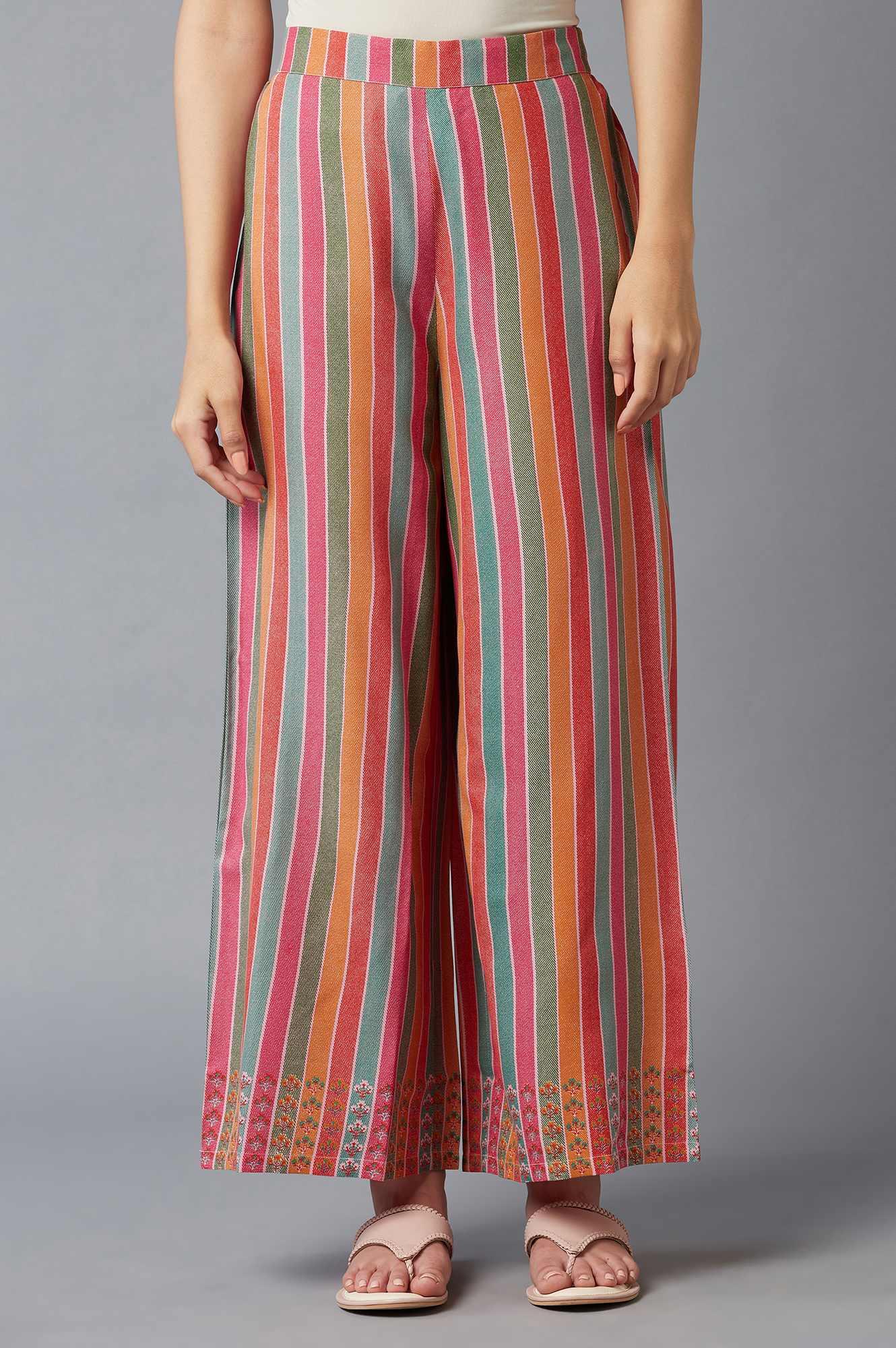 Bright Multicoloured Stripe Printed Parallel Pants - wforwoman