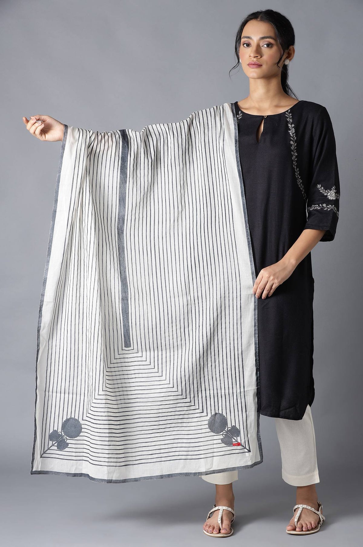 Ecru And Grey Printed Dupatta - FS