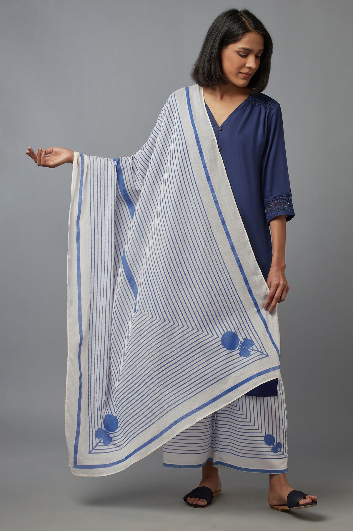 Ecru and Blue Printed Dupatta - FS