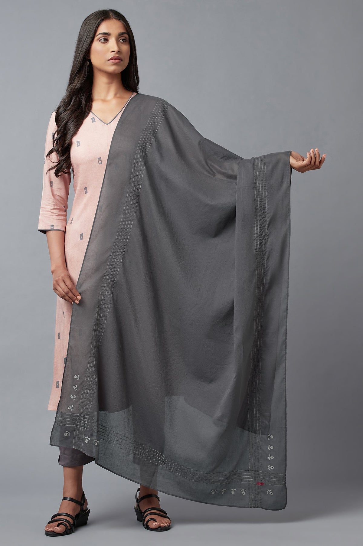 Charcoal Grey Embroidered Dupatta - FS