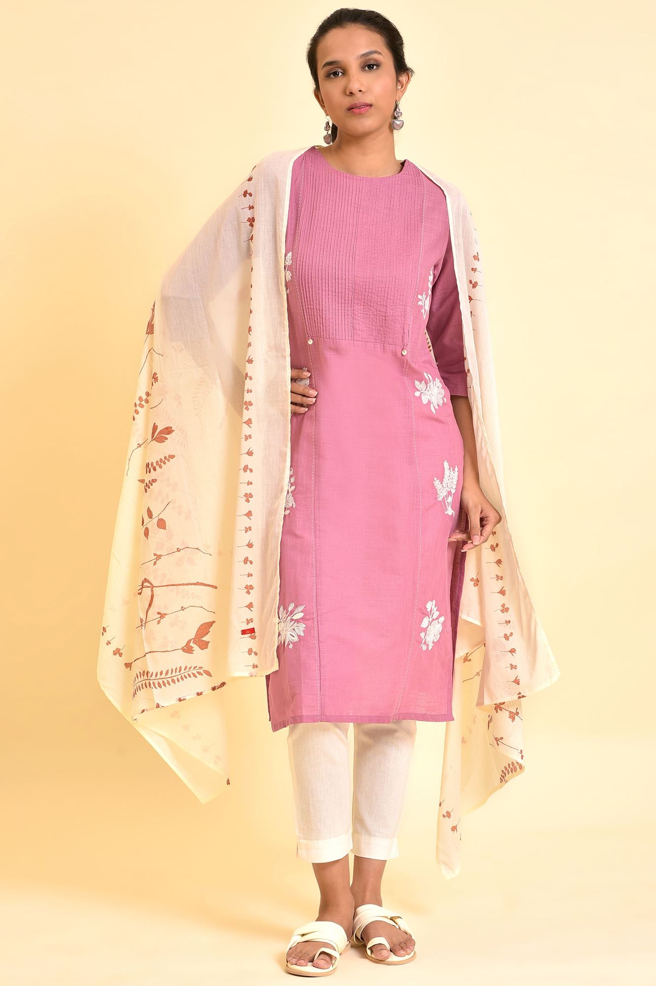 Ecru And Orange Printed Dupatta