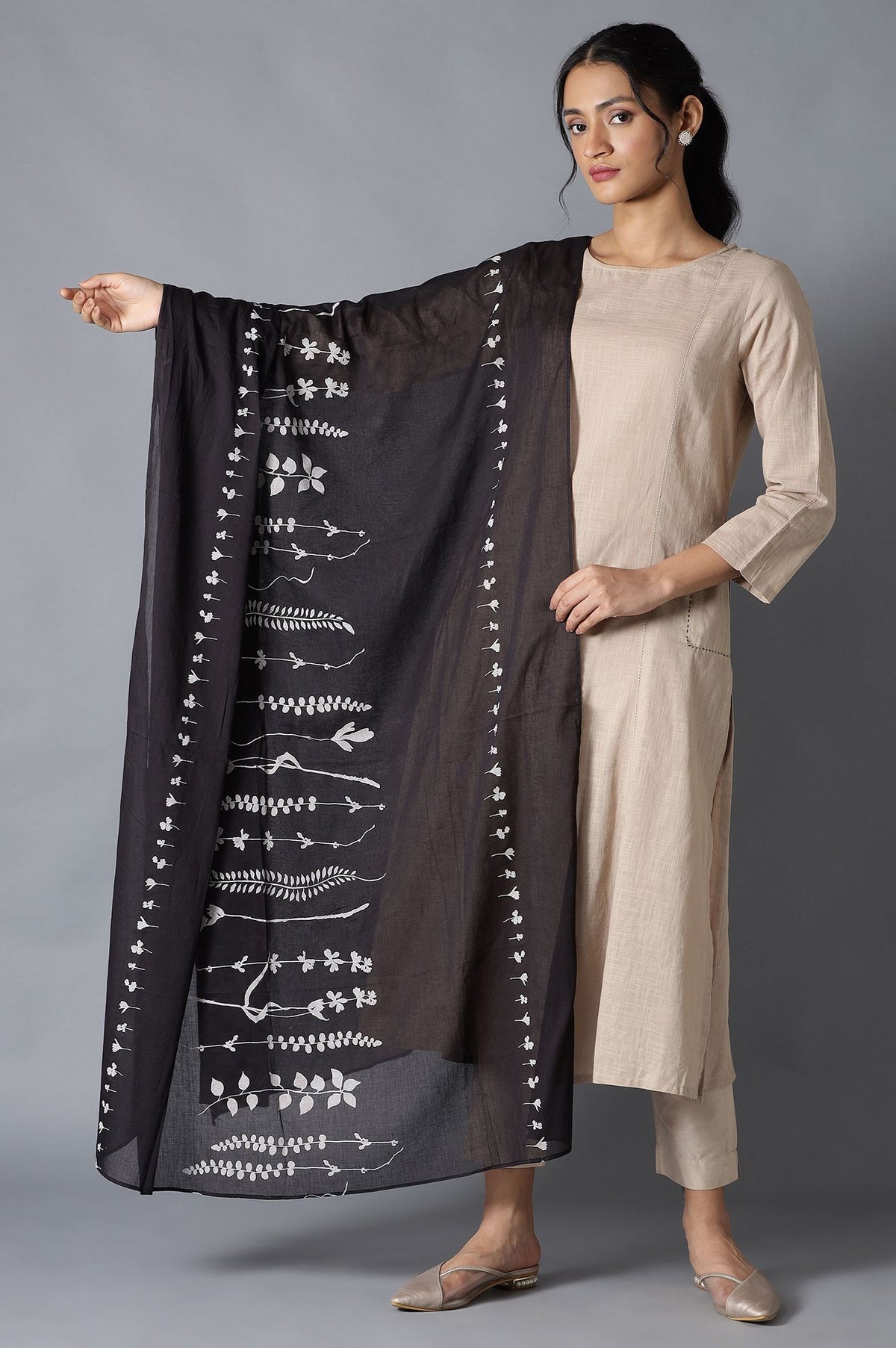 Jet Black Floral Print Dupatta - FS
