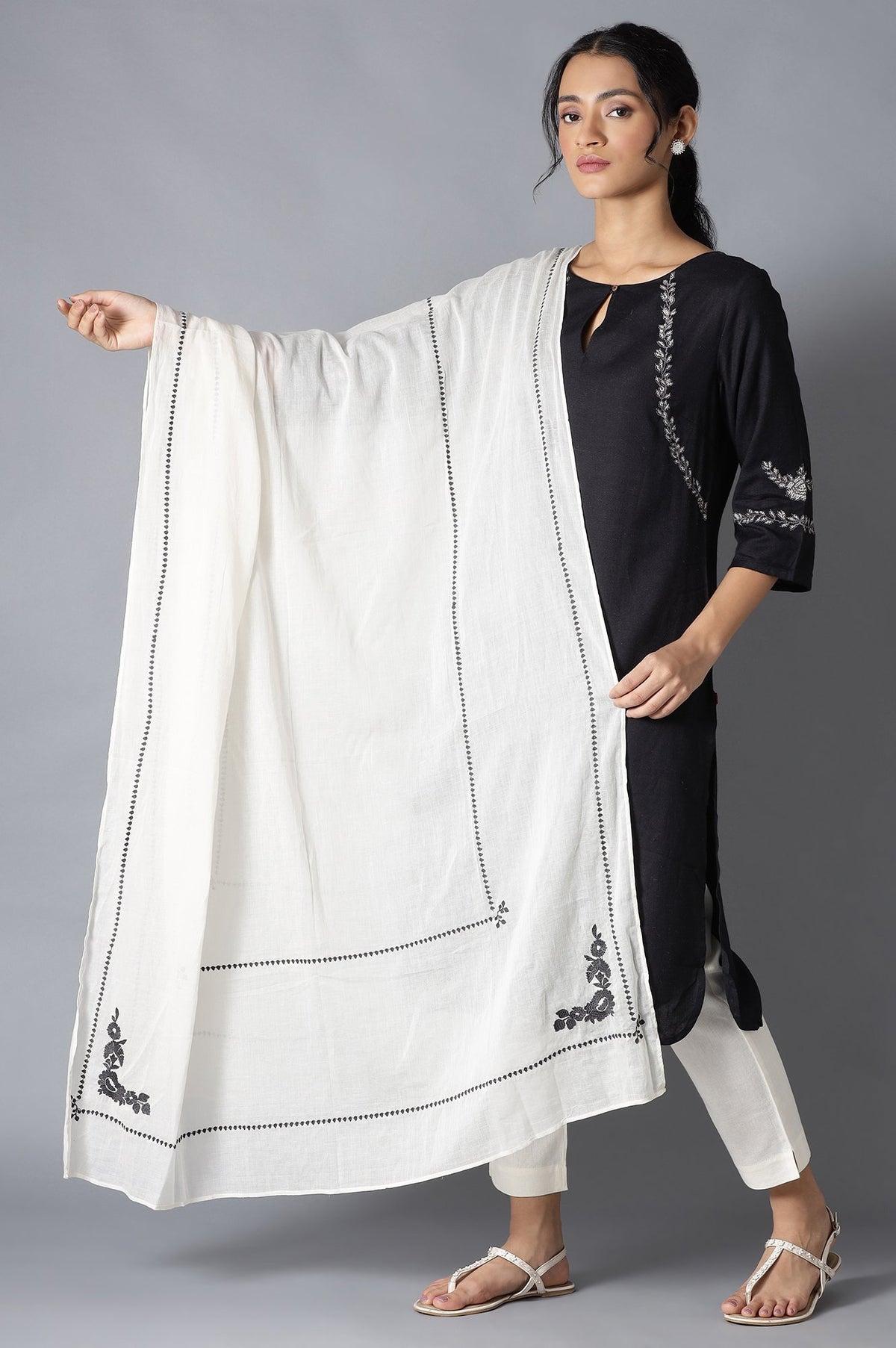 Ecru Embroidered Dupatta - FS