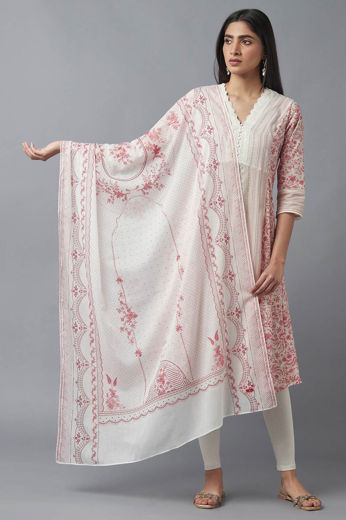 Ecru and Red Printed Voile Dupatta - FS