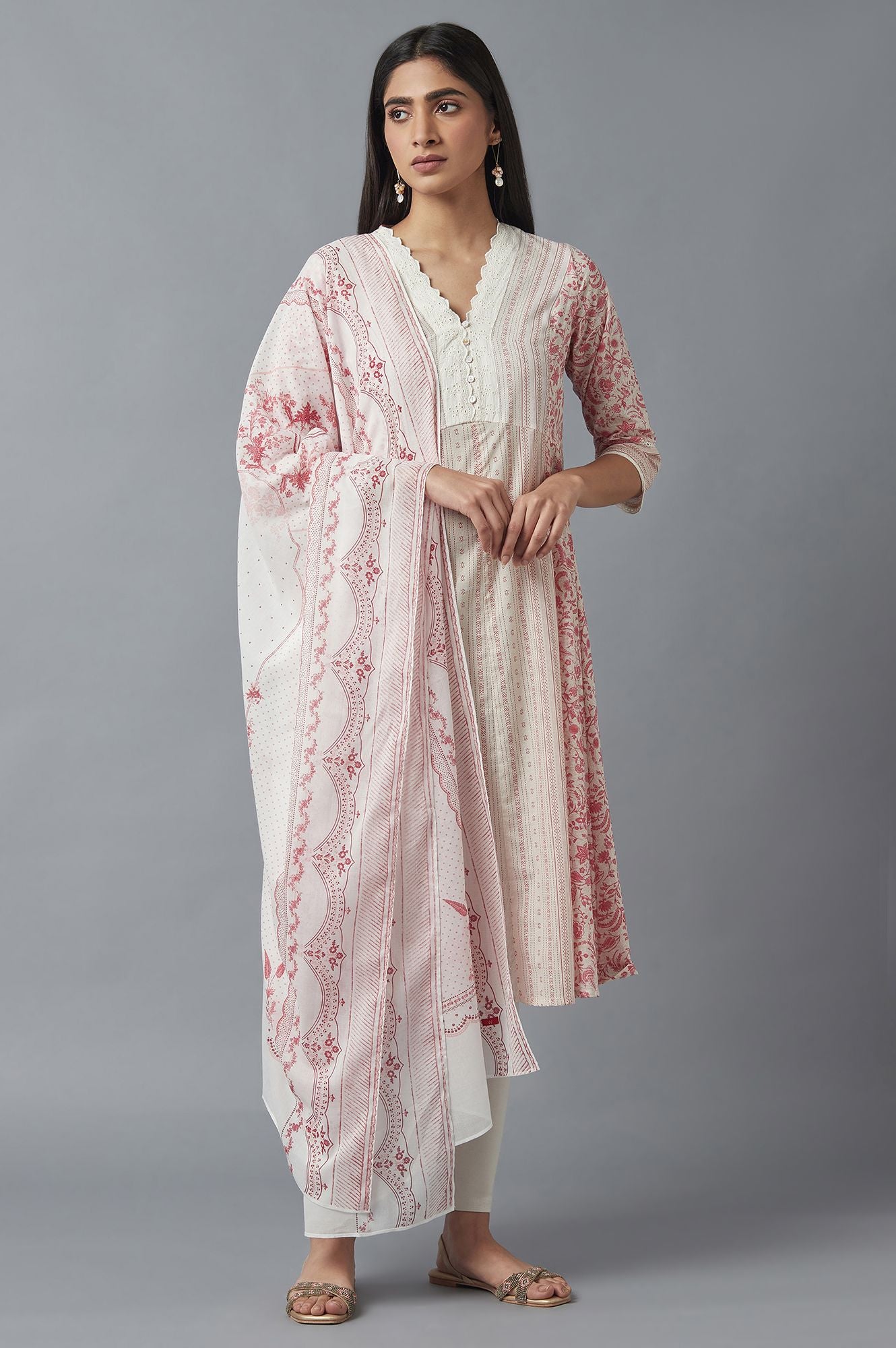 Ecru and Red Printed Voile Dupatta