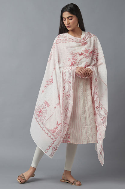 Ecru and Red Printed Voile Dupatta