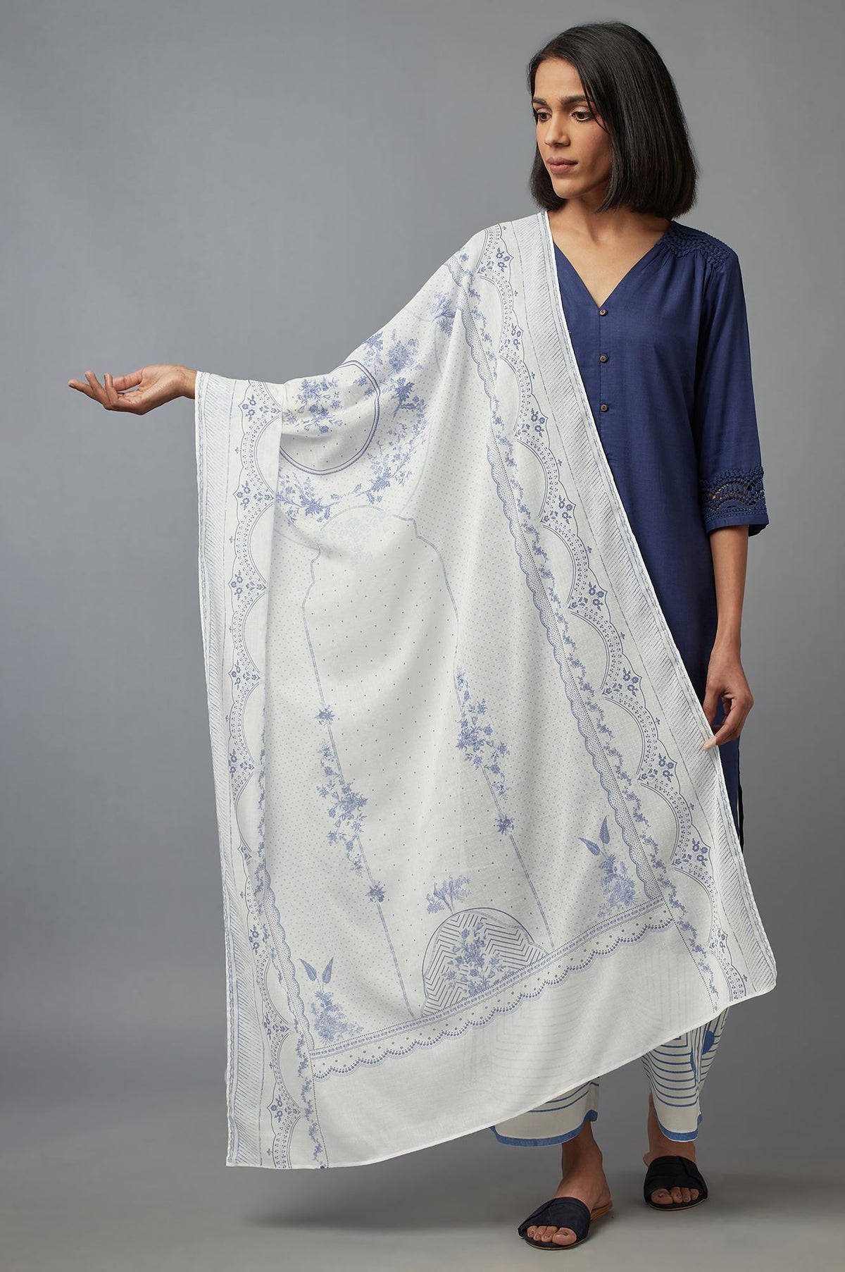 Ecru and Blue Printed Voile Dupatta - FS