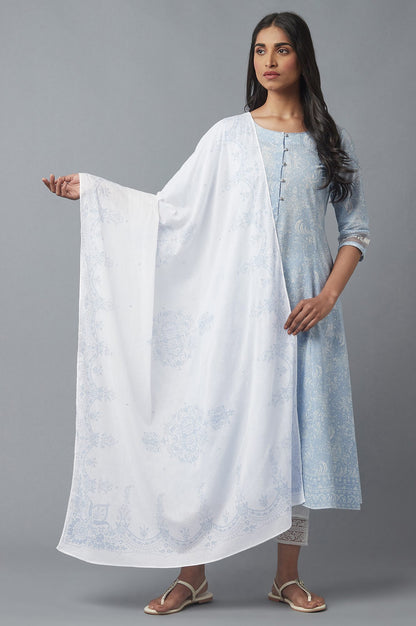Ecru and Blue Printed Voile Dupatta