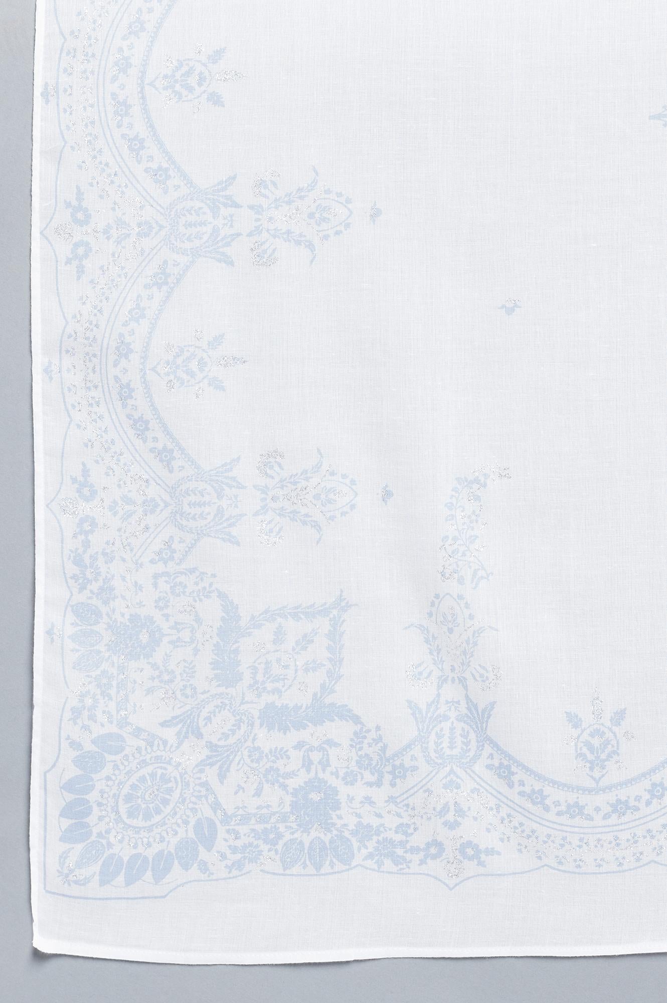 Ecru and Blue Printed Voile Dupatta