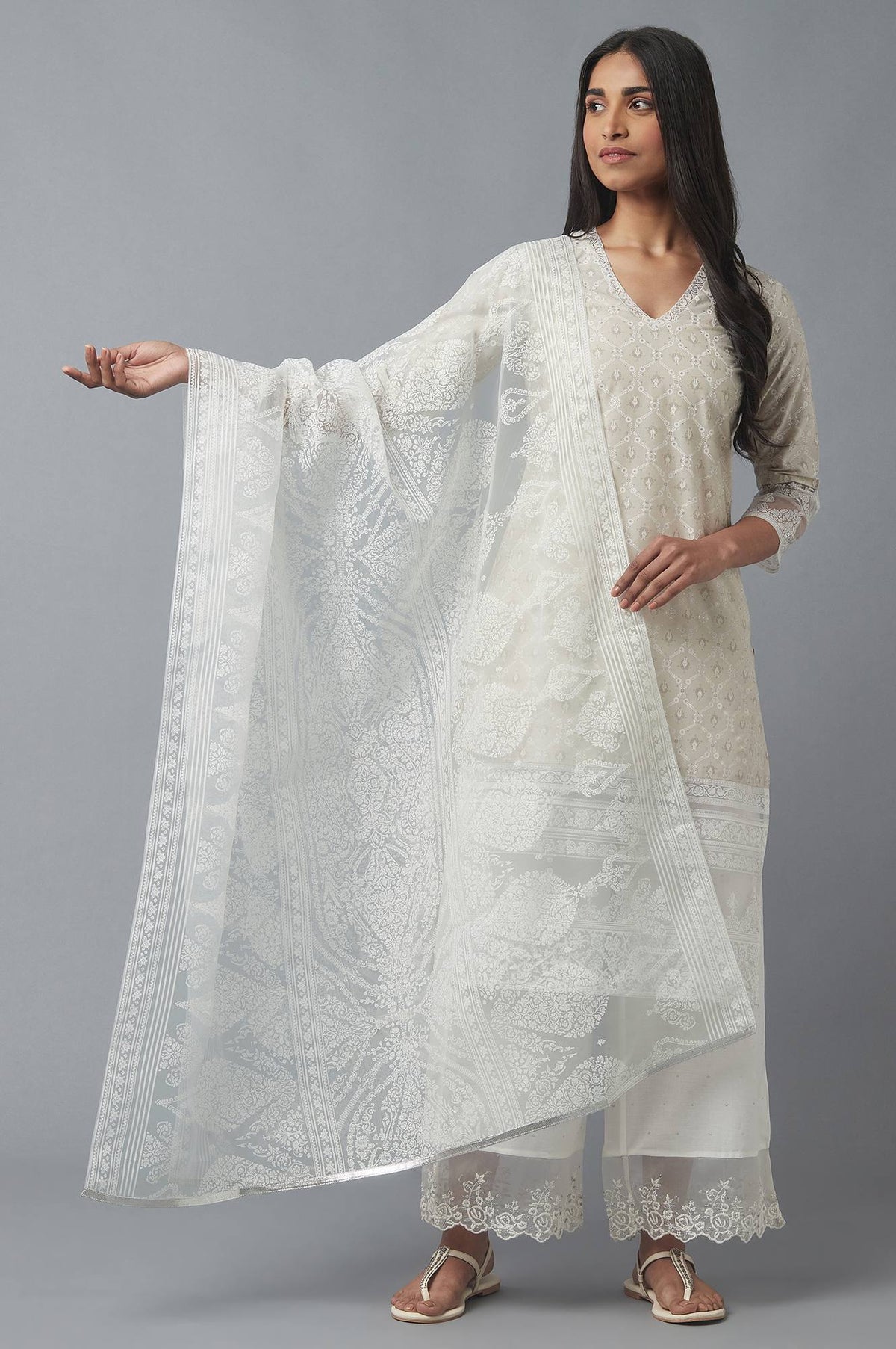 Ecru Brasso Printed Dupatta - FS