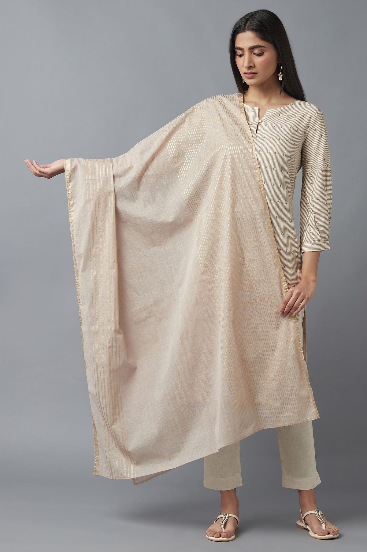 Beige Printed Dupatte - FS