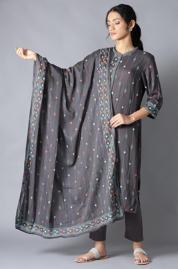 Grey Geometric Printed Cotton Voile Dupatta