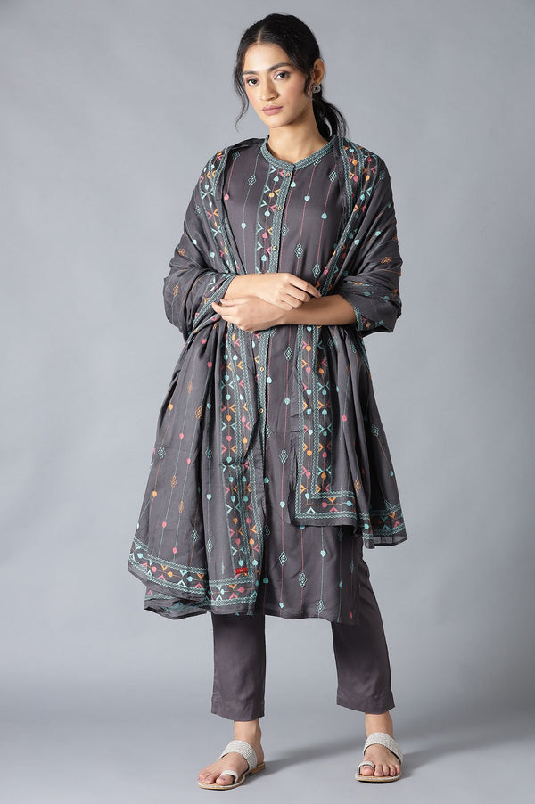 Grey Geometric Printed Cotton Voile Dupatta