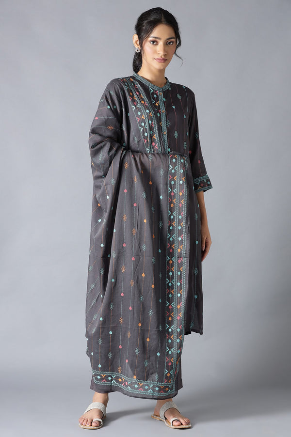 Grey Geometric Printed Cotton Voile Dupatta