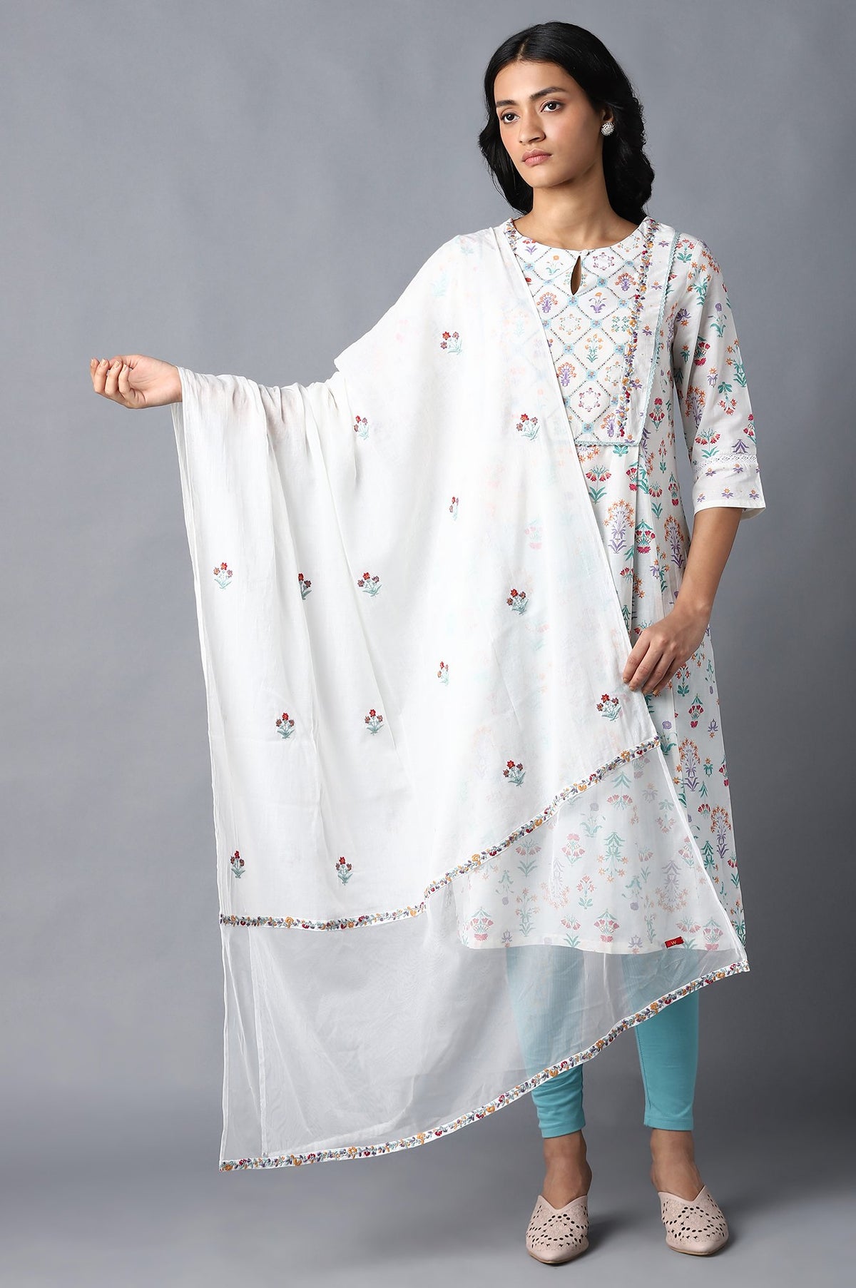 Ecru Mesh Dupatta With Embroidery - FS