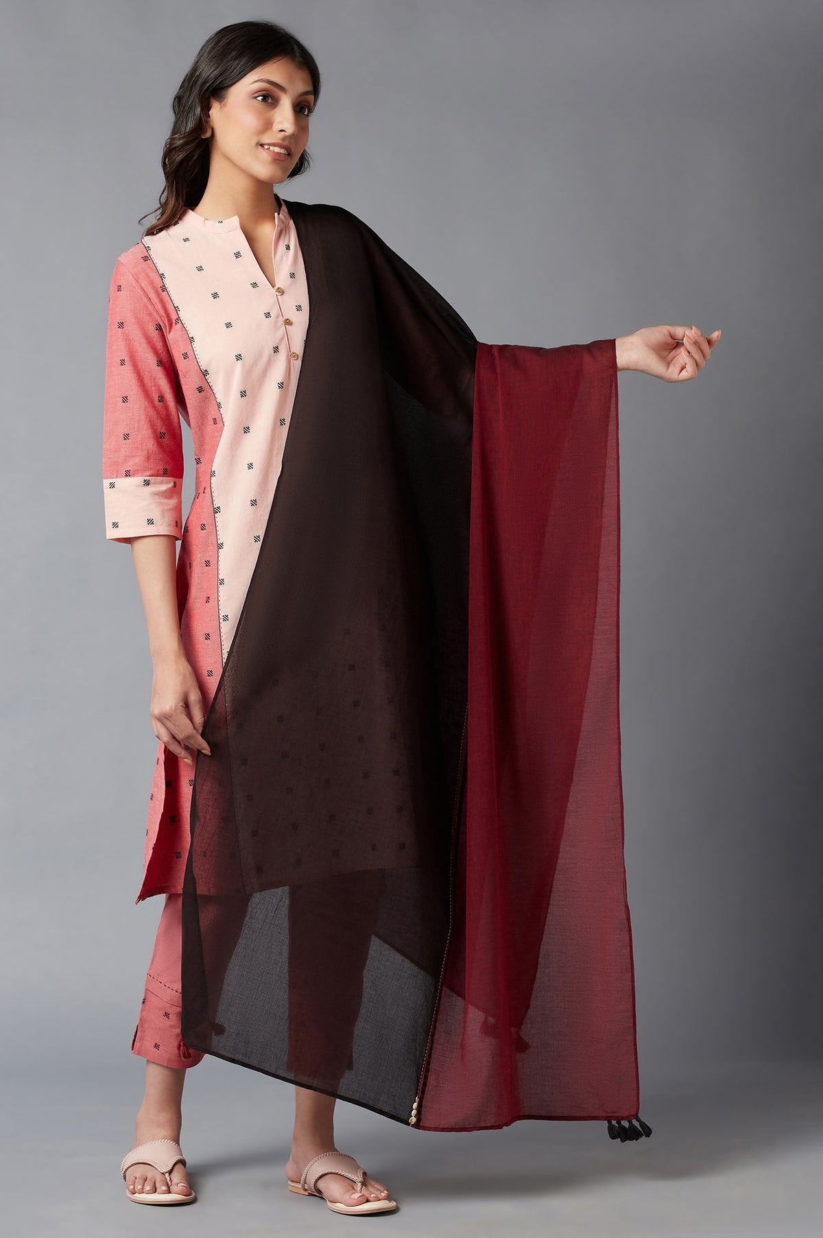 Dark Red Yarn-Dyed Cotton Dupatta - FS