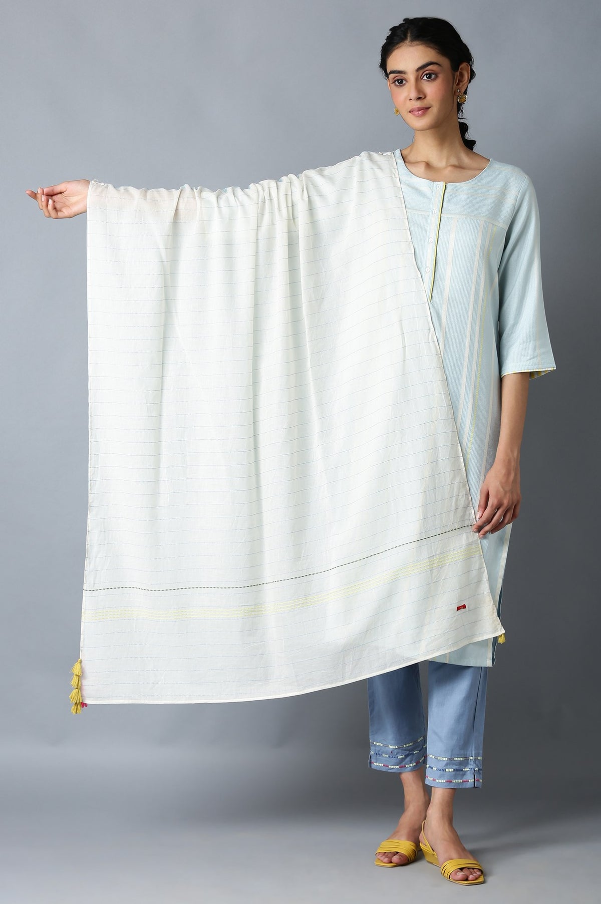 Light Blue Yarn-Dyed Cotton Dupatta - FS