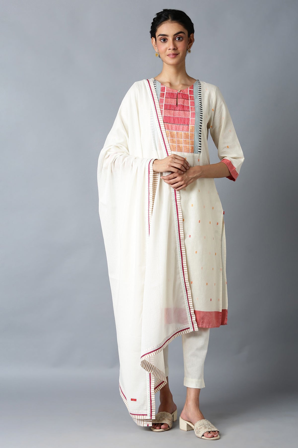 Ecru Cotton Dupatta With Printed Border - FS