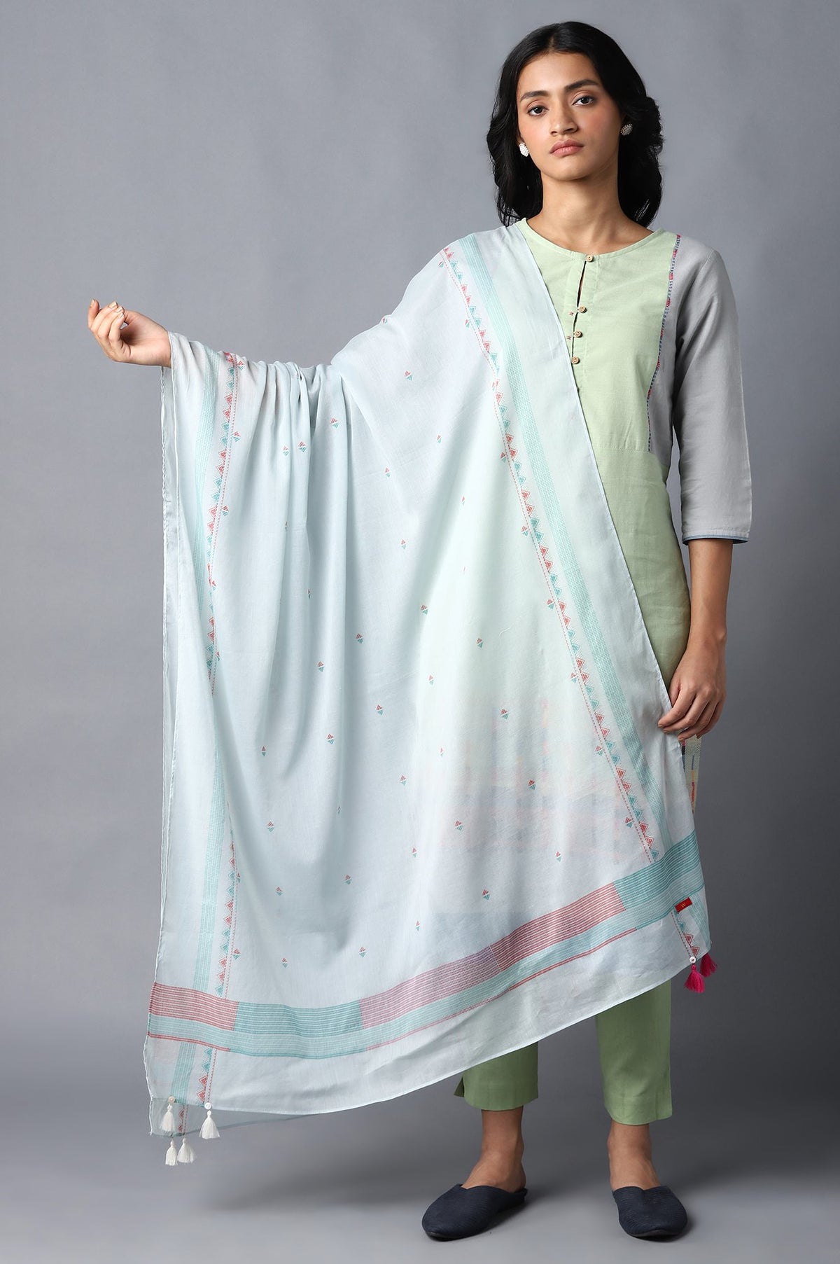 Pale Blue Cotton Dupatta With Tassel Border - FS