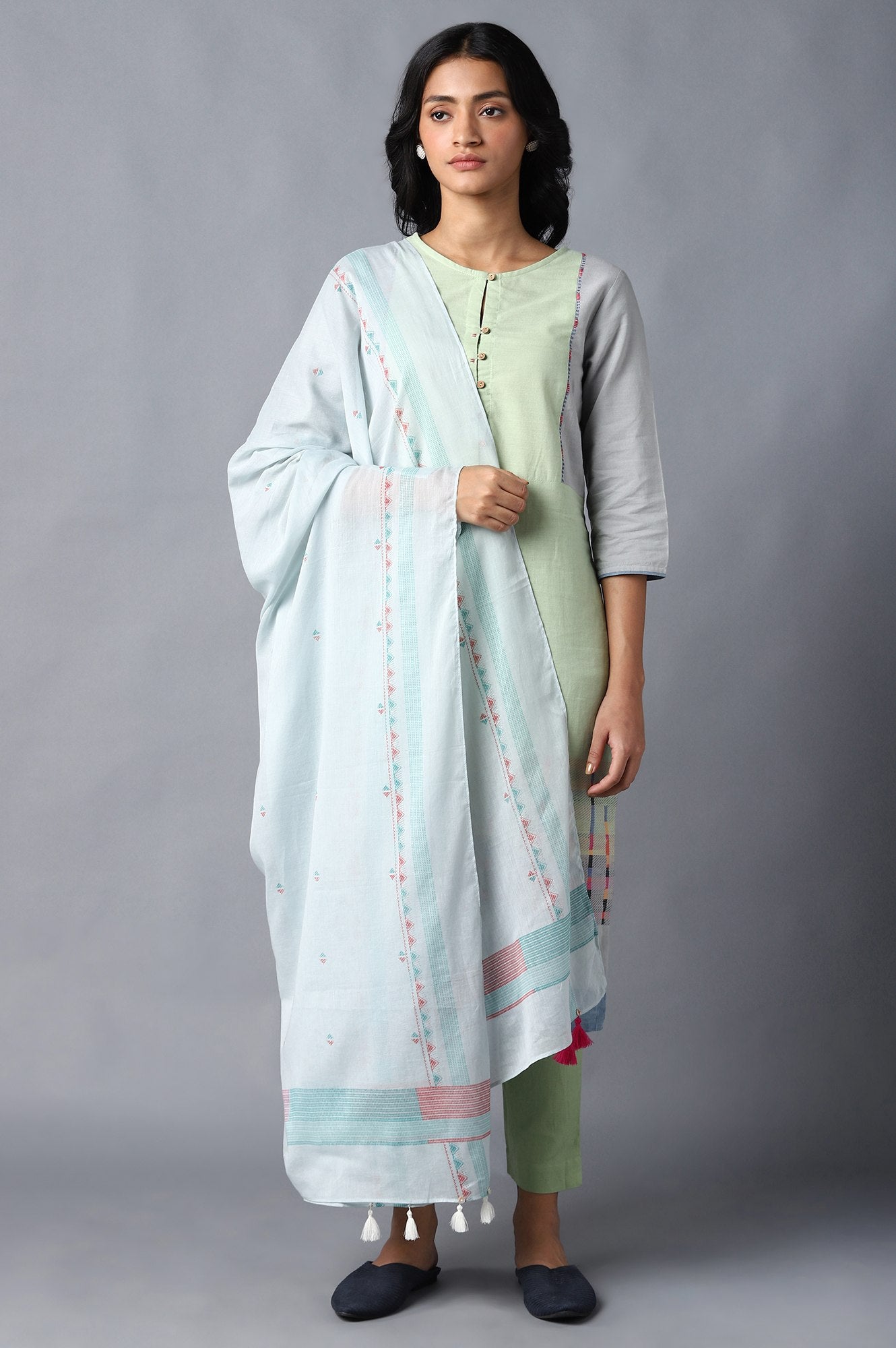 Pale Blue Cotton Dupatta With Tassel Border