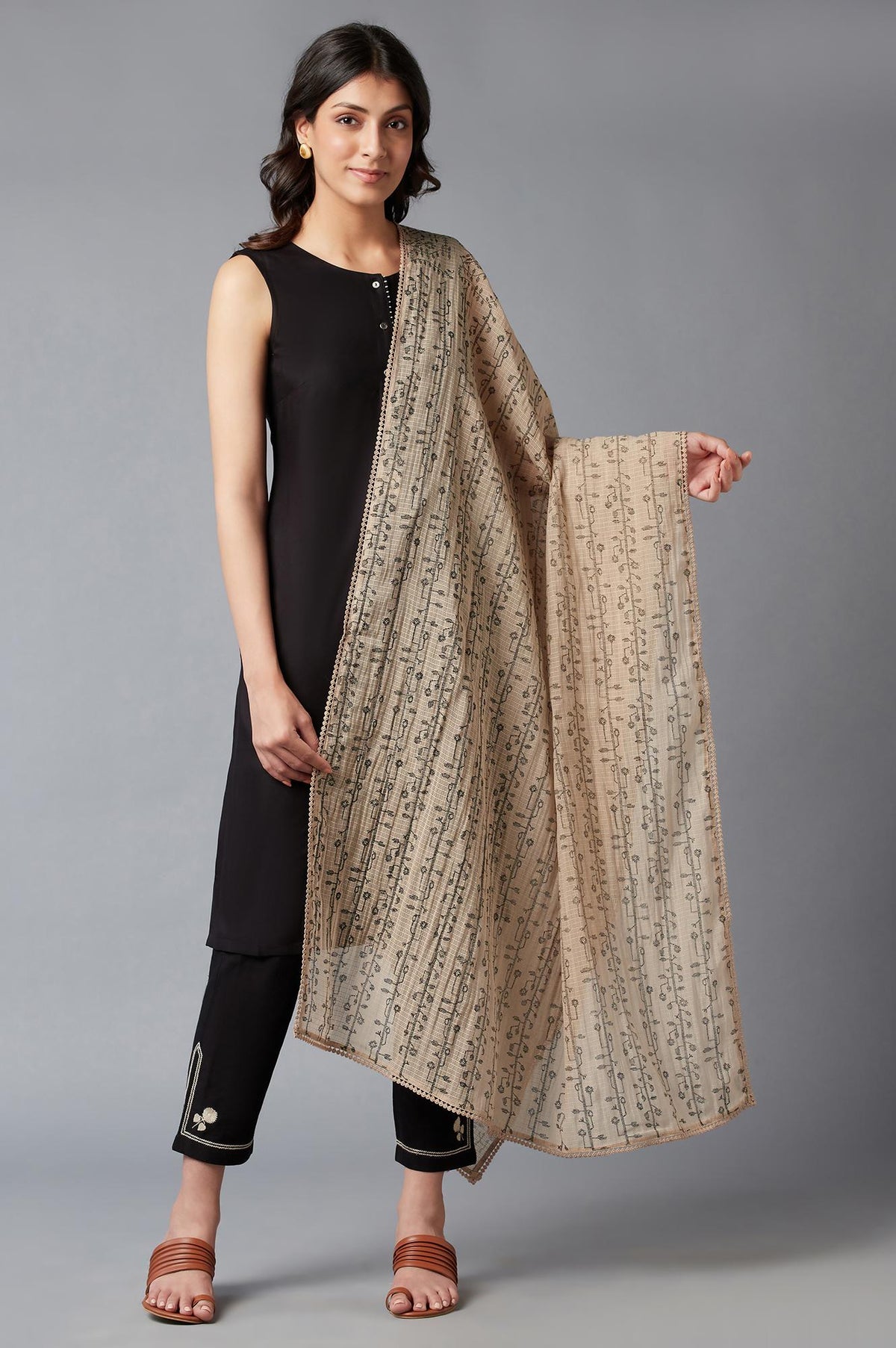 Beige Kota Floral Printed Dupatta - FS