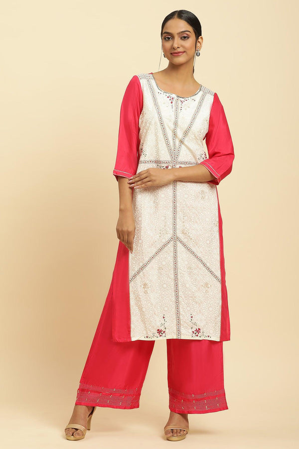 Pink And Ecru Straight Kurta And Parallel Pants Set