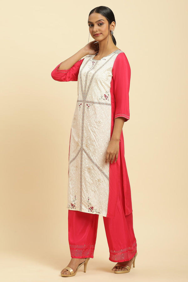 Pink And Ecru Straight Kurta And Parallel Pants Set