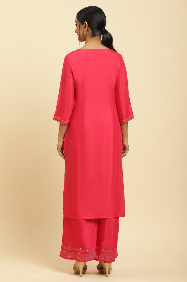 Pink And Ecru Straight Kurta And Parallel Pants Set