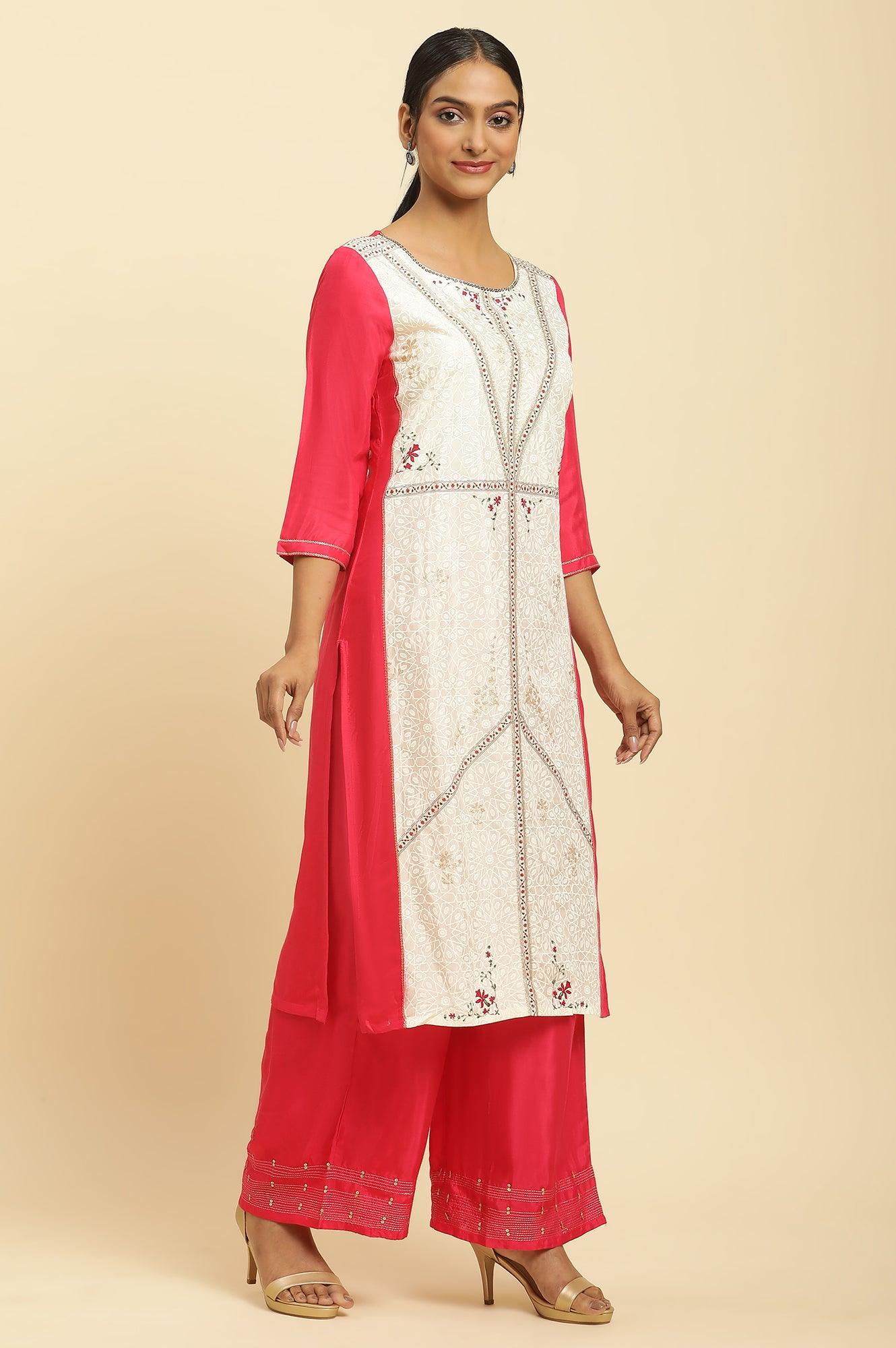 Pink And Ecru Straight Kurta And Parallel Pants Set - wforwoman