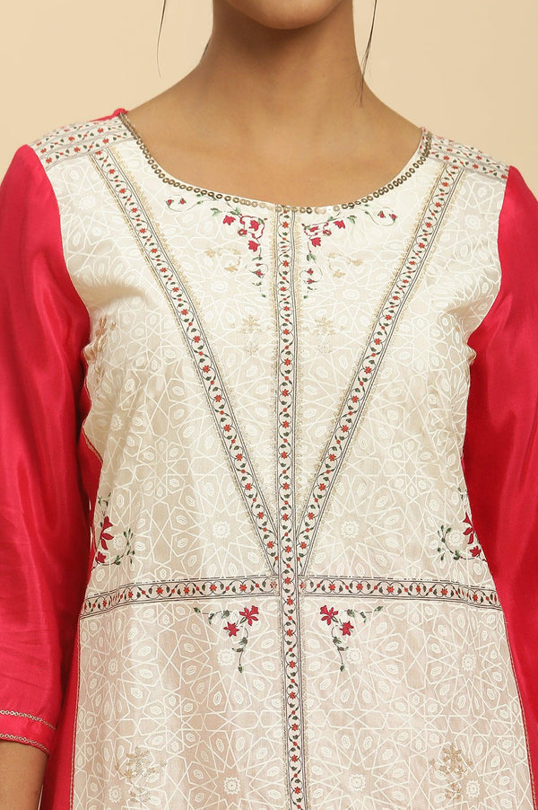 Pink And Ecru Straight Kurta And Parallel Pants Set
