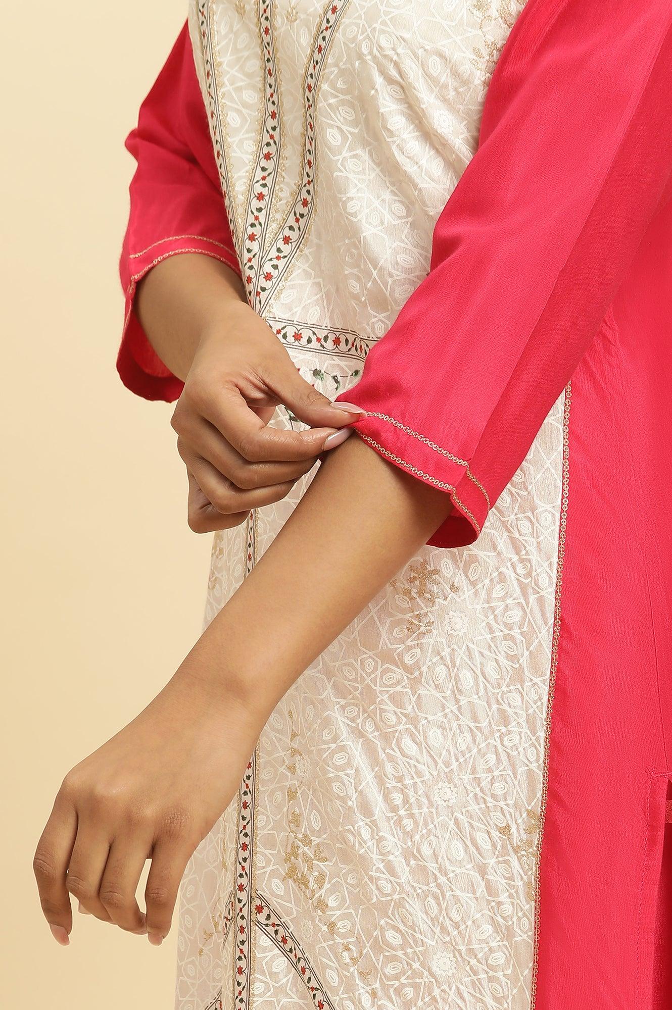 Pink And Ecru Straight Kurta And Parallel Pants Set - wforwoman
