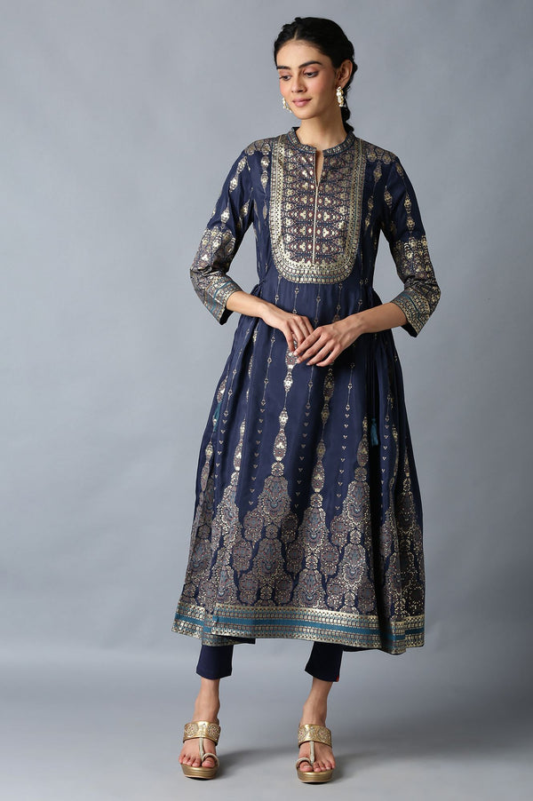 Navy Blue Foil Floral Print kurta with Tights