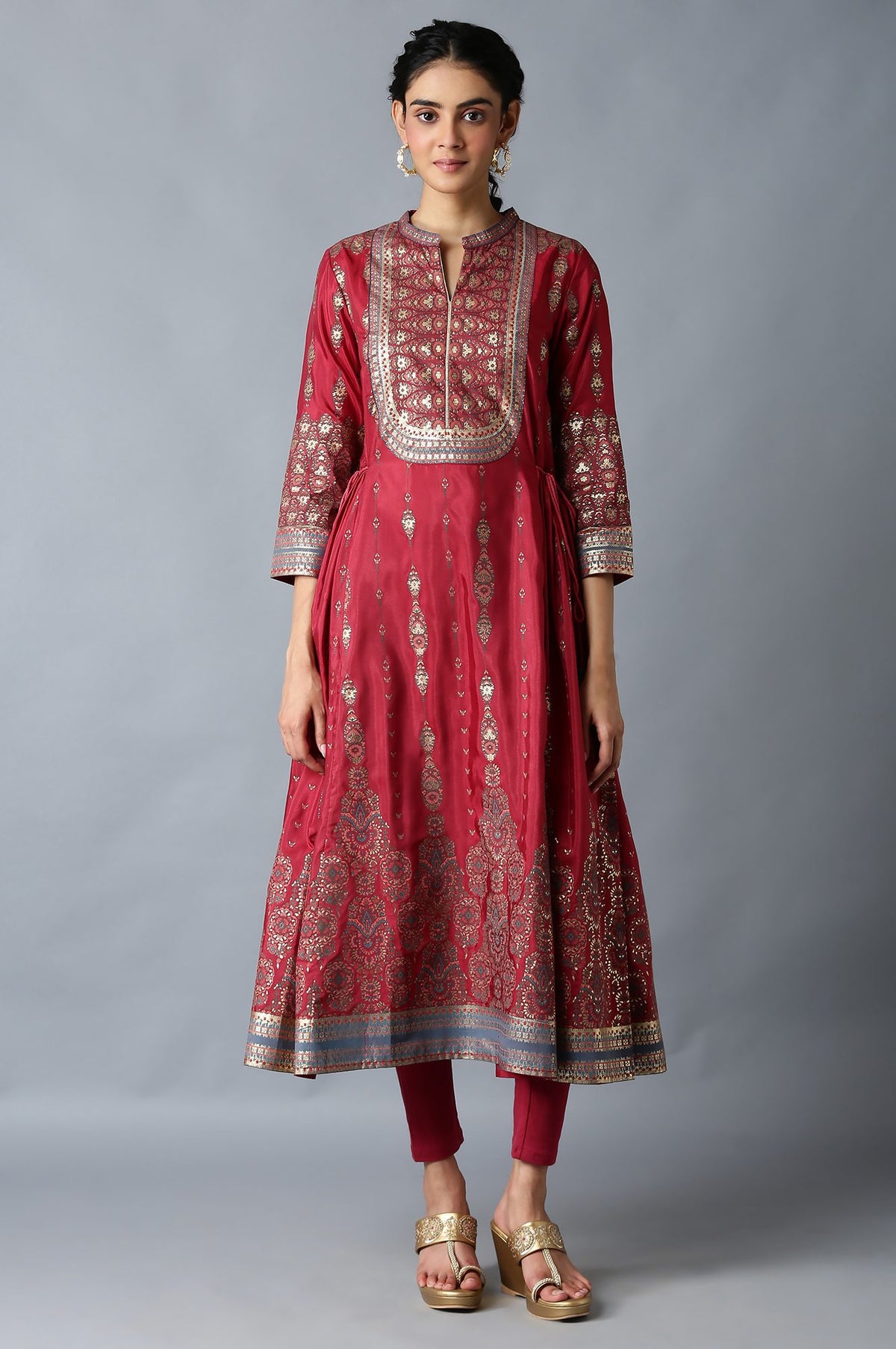 Red Foil Floral Print kurta with Tights - XS
