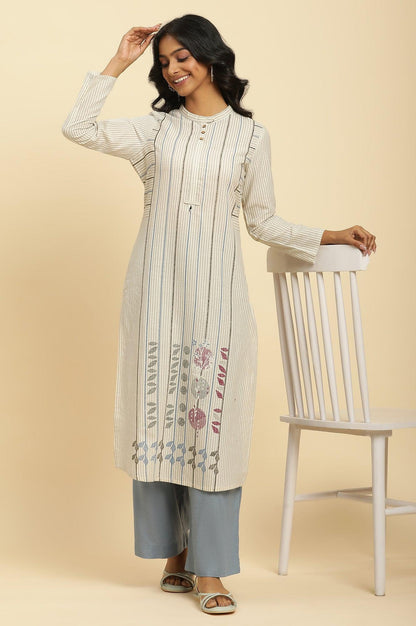 Ecru Printed Kurta With Blue Denim Parallel Pants - wforwoman