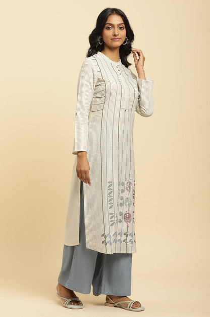 Ecru Printed Kurta With Blue Denim Parallel Pants - wforwoman