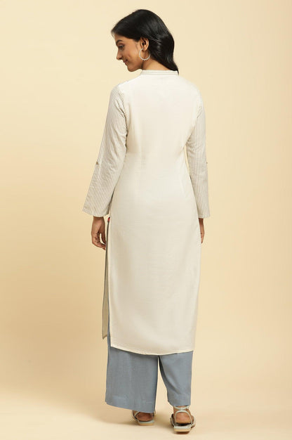 Ecru Printed Kurta With Blue Denim Parallel Pants - wforwoman