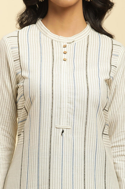 Ecru Printed Kurta With Blue Denim Parallel Pants - wforwoman