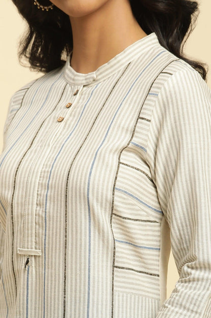 Ecru Printed Kurta With Blue Denim Parallel Pants - wforwoman