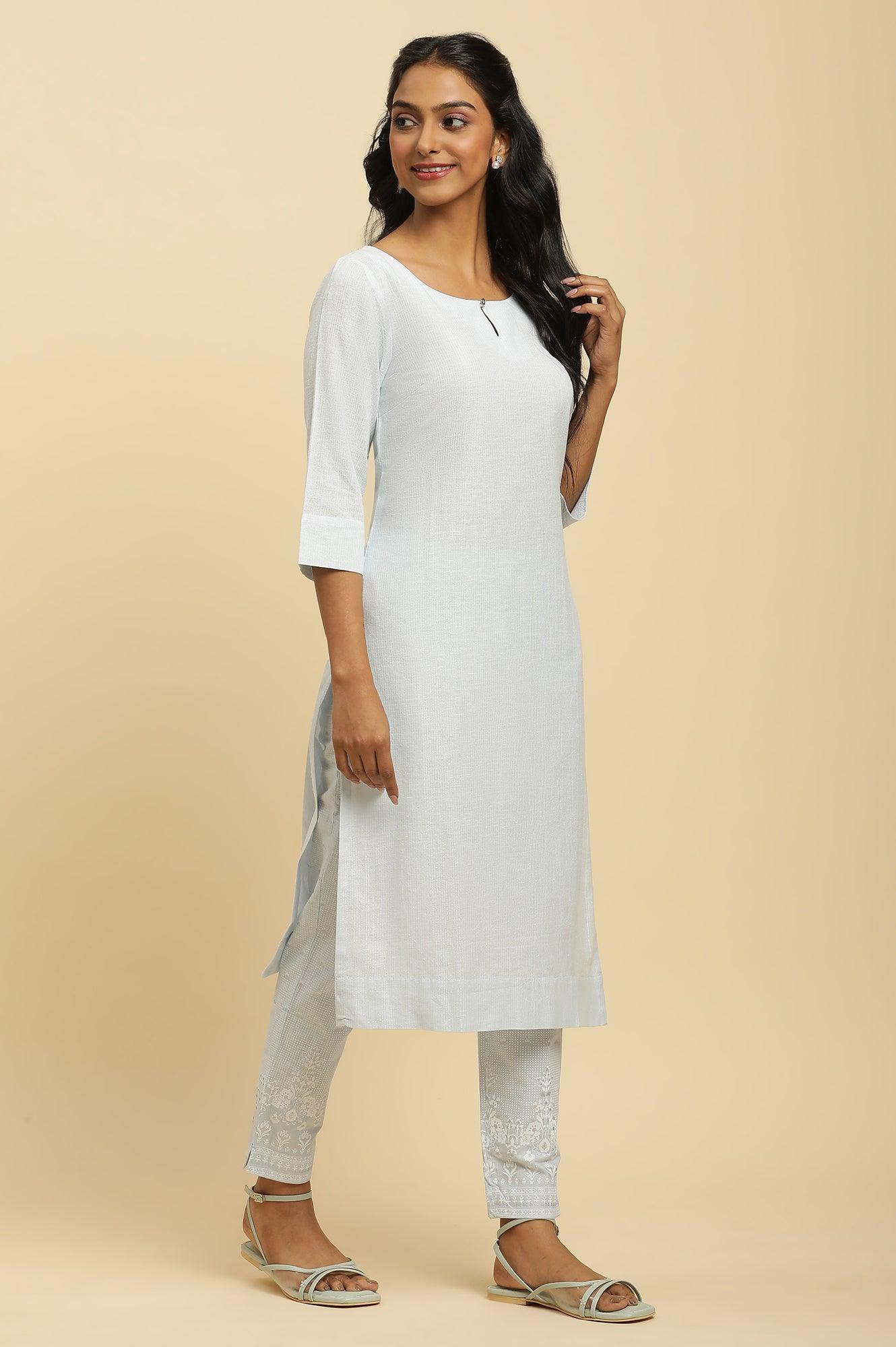 Blue Round Neck Kurta And Slim Pants Set - wforwoman