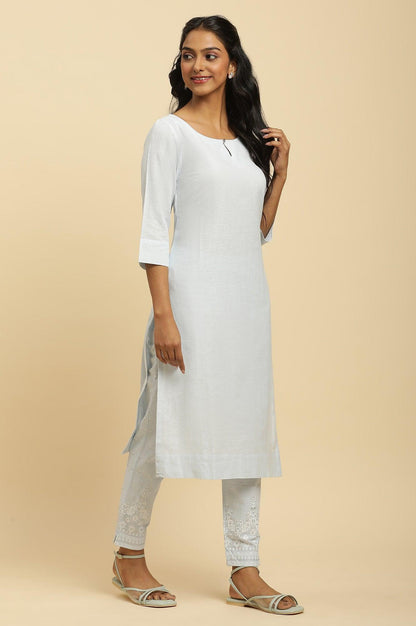 Blue Round Neck Kurta And Slim Pants Set - wforwoman