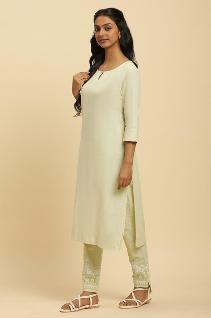 Green Round Neck Kurta And Slim Pants Set - wforwoman