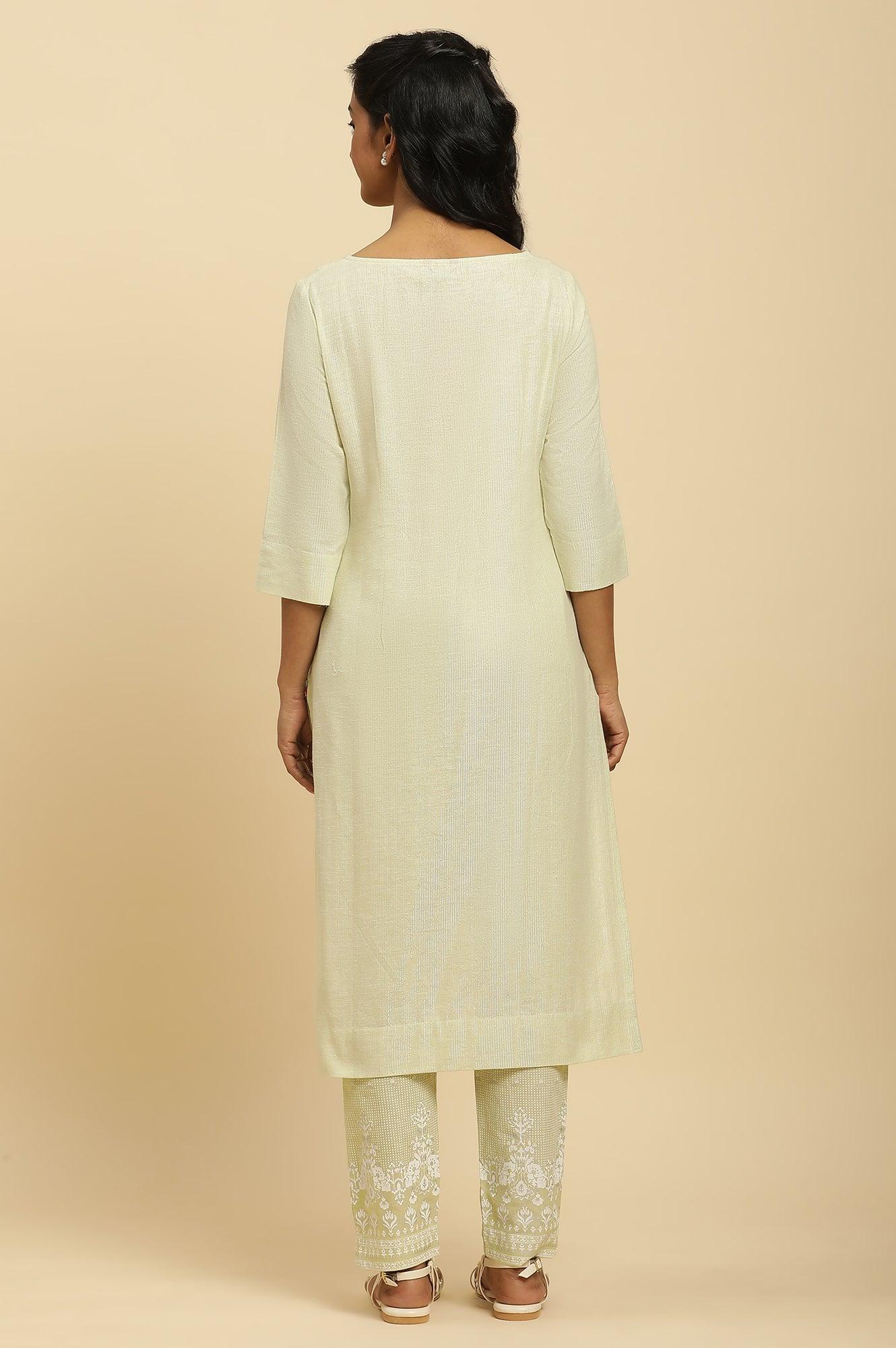 Green Round Neck Kurta And Slim Pants Set - wforwoman