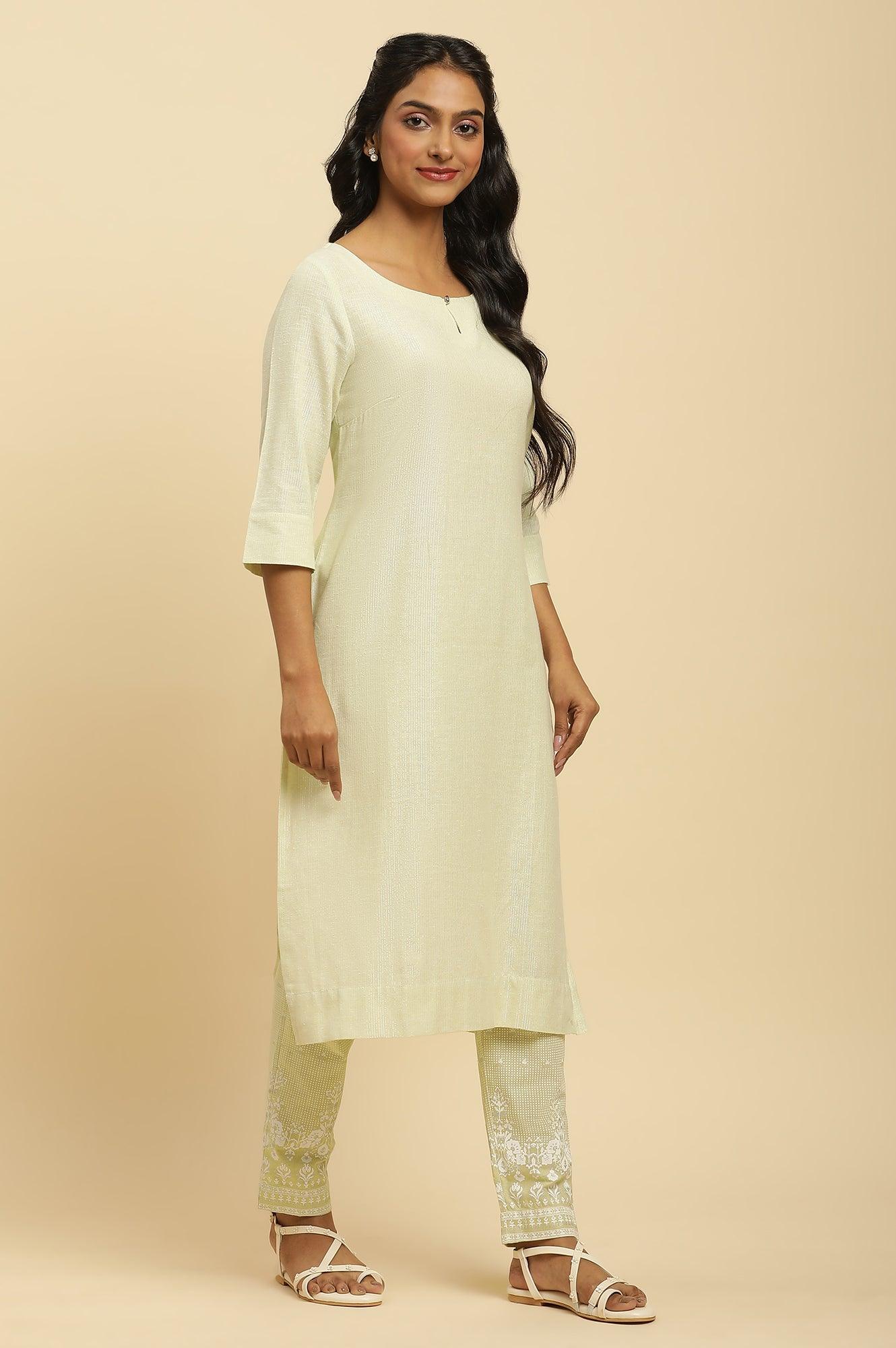Green Round Neck Kurta And Slim Pants Set - wforwoman