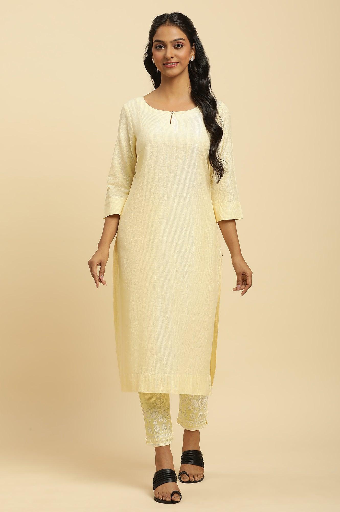 Yellow Round Neck Kurta And Slim Pants Set - wforwoman