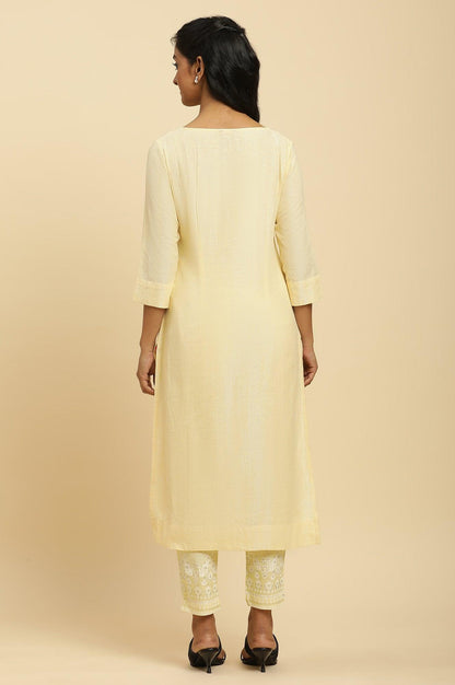 Yellow Round Neck Kurta And Slim Pants Set - wforwoman