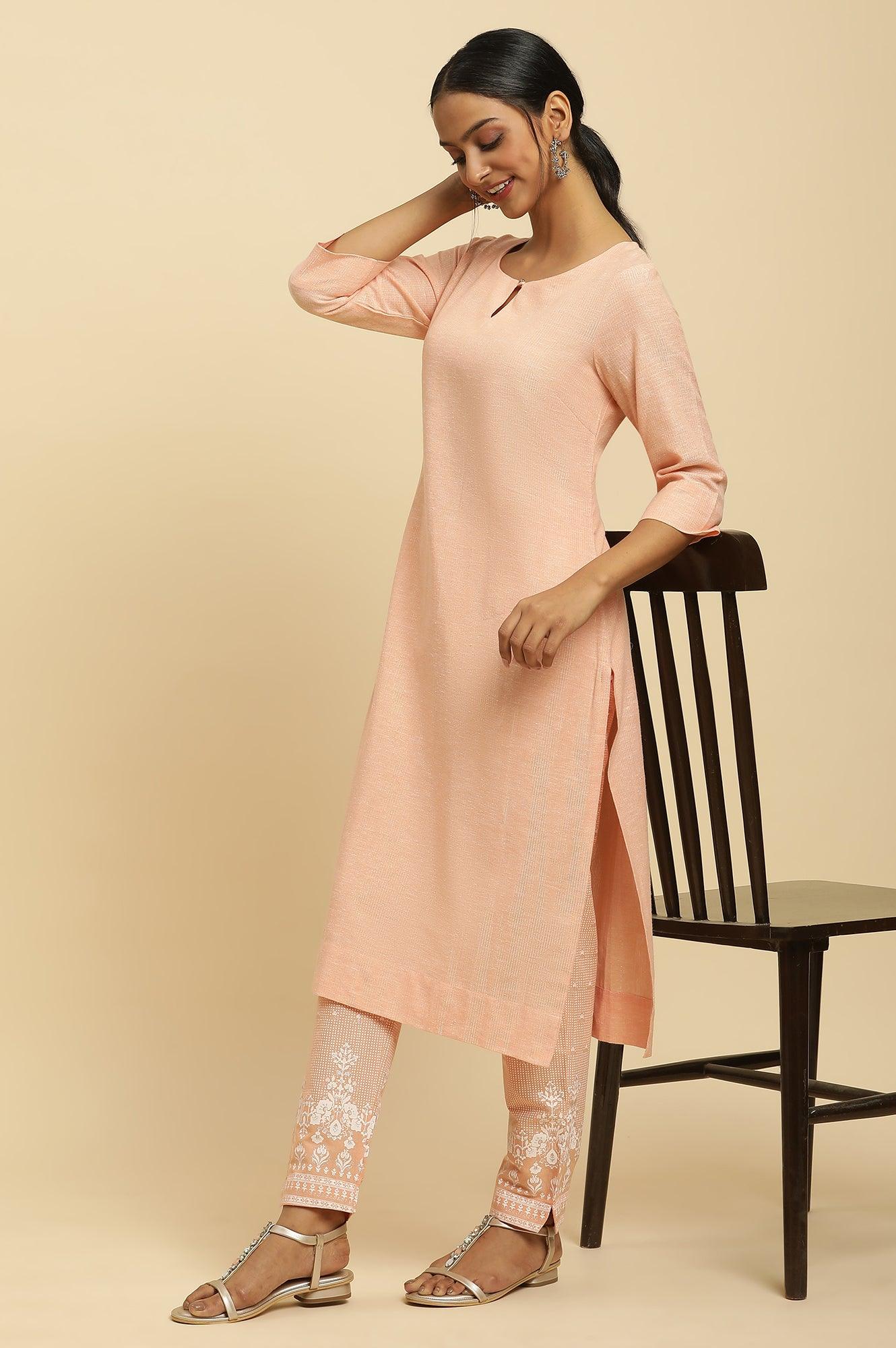 Orange Round Neck Kurta And Slim Pants Set - wforwoman