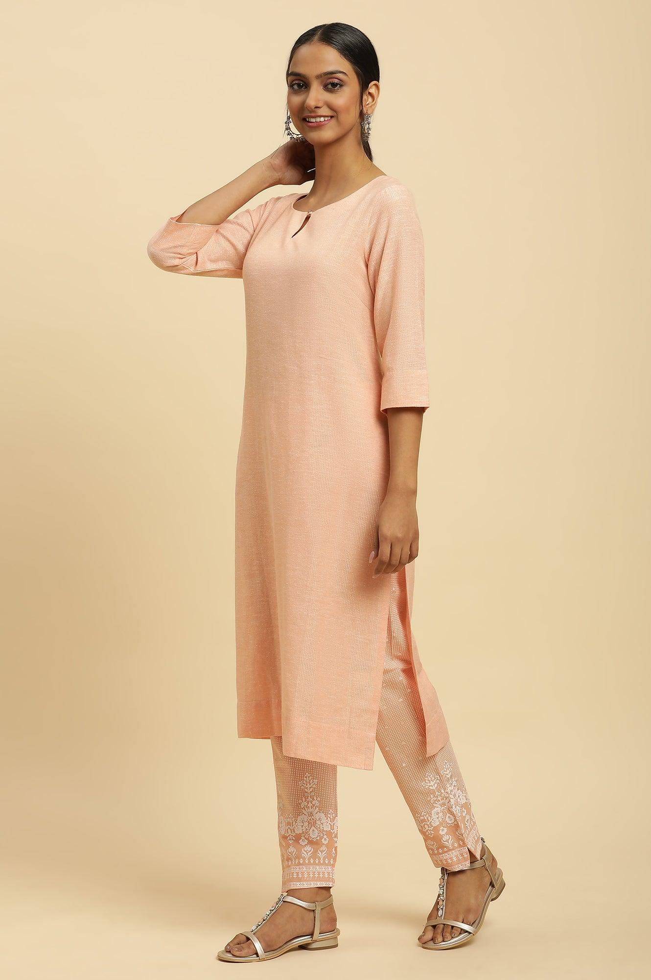 Orange Round Neck Kurta And Slim Pants Set - wforwoman
