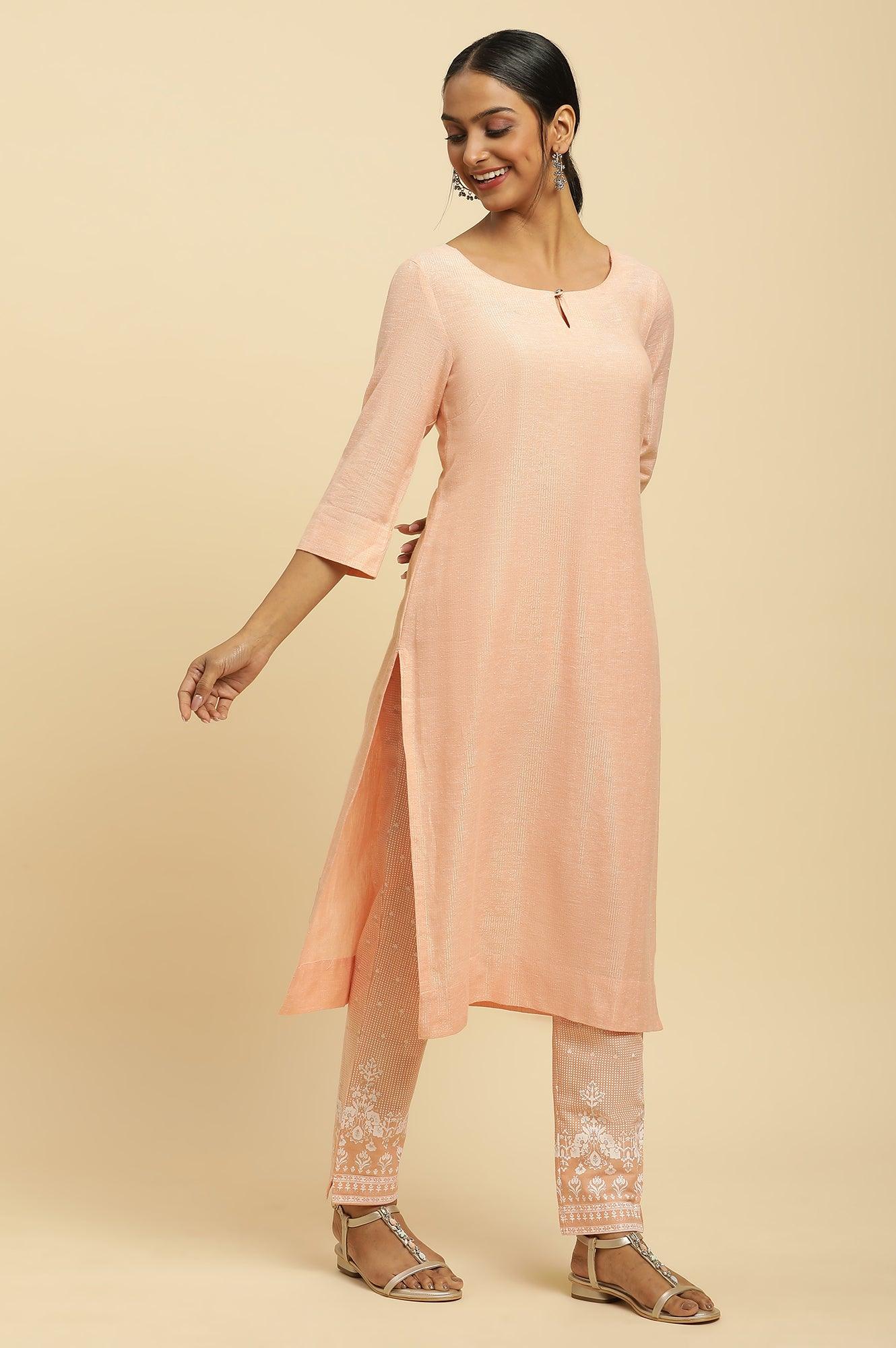 Orange Round Neck Kurta And Slim Pants Set - wforwoman