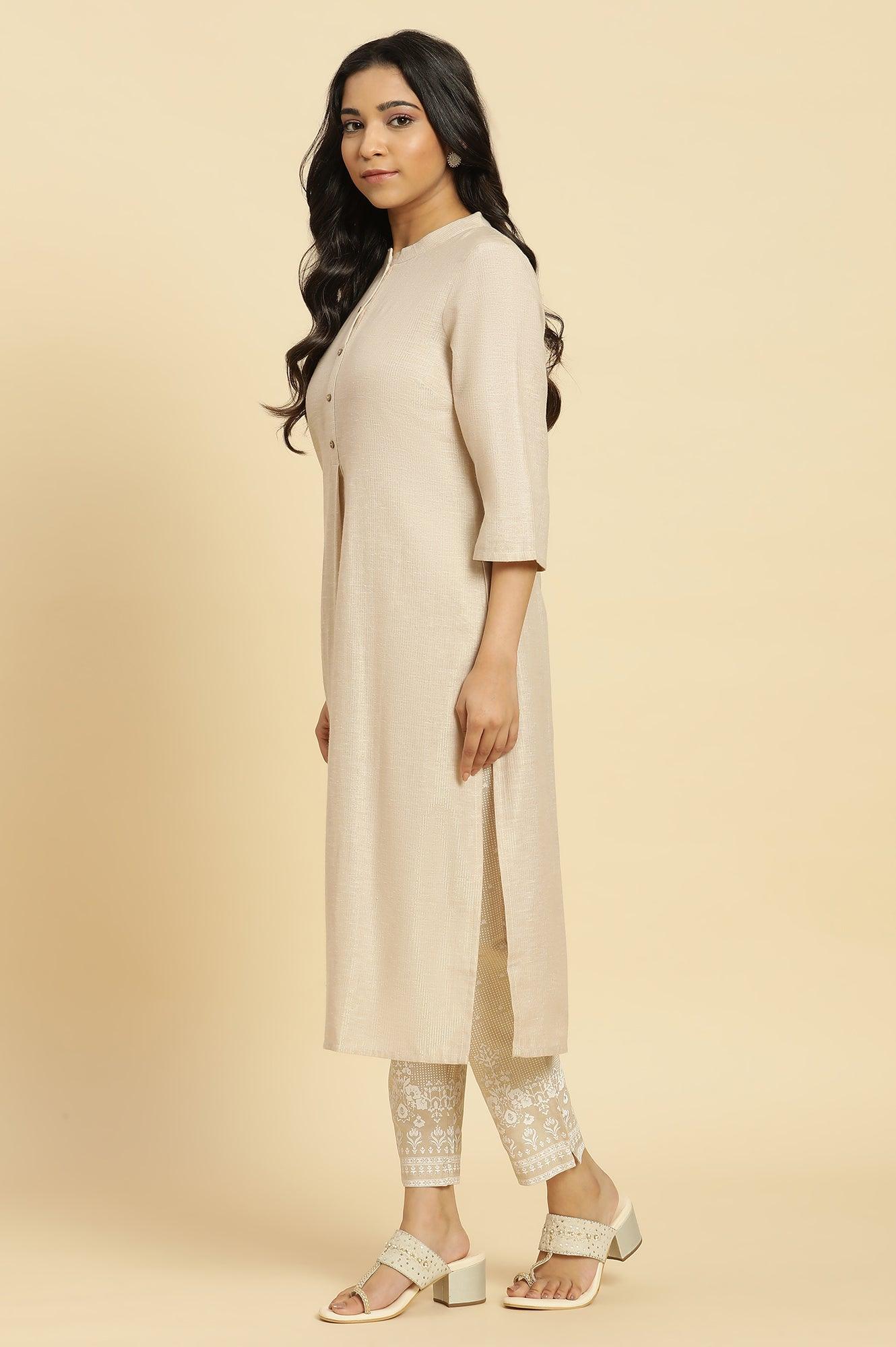 Beige Mandarin Collar Kurta And Pants Set - wforwoman